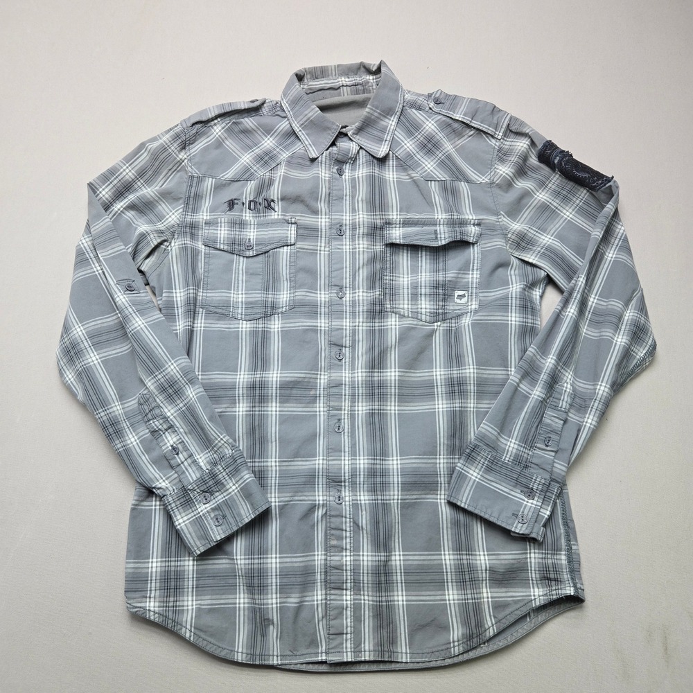 Fox Racing Shirt Button Down Plaid Epaulettes Sleeve Patch Grey Mens Large L